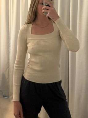 White Ribbed Square Neck Long Sleeve Top Size XS